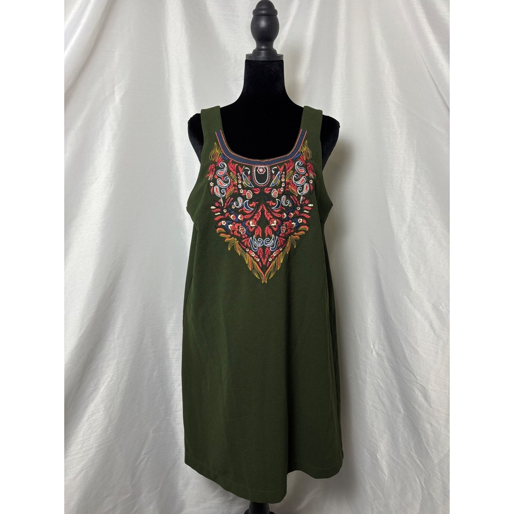 GB Shift Dress Women Large Olive Green Excellent Embroidered Boho Sleeveless